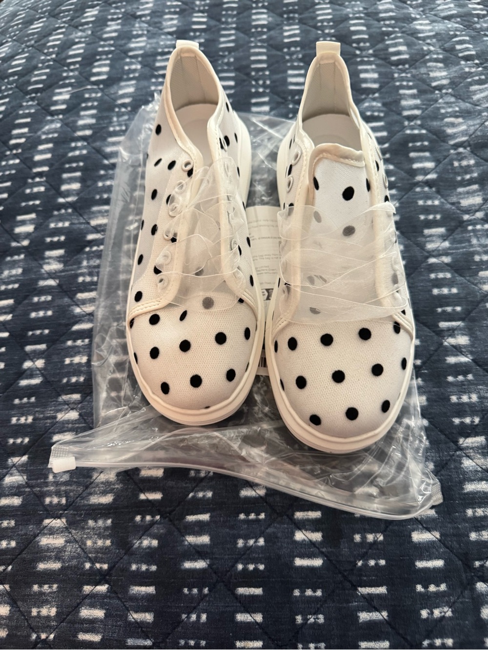 Women’s White Polka Dot Slip-On Sneakers with Ribbon Laces